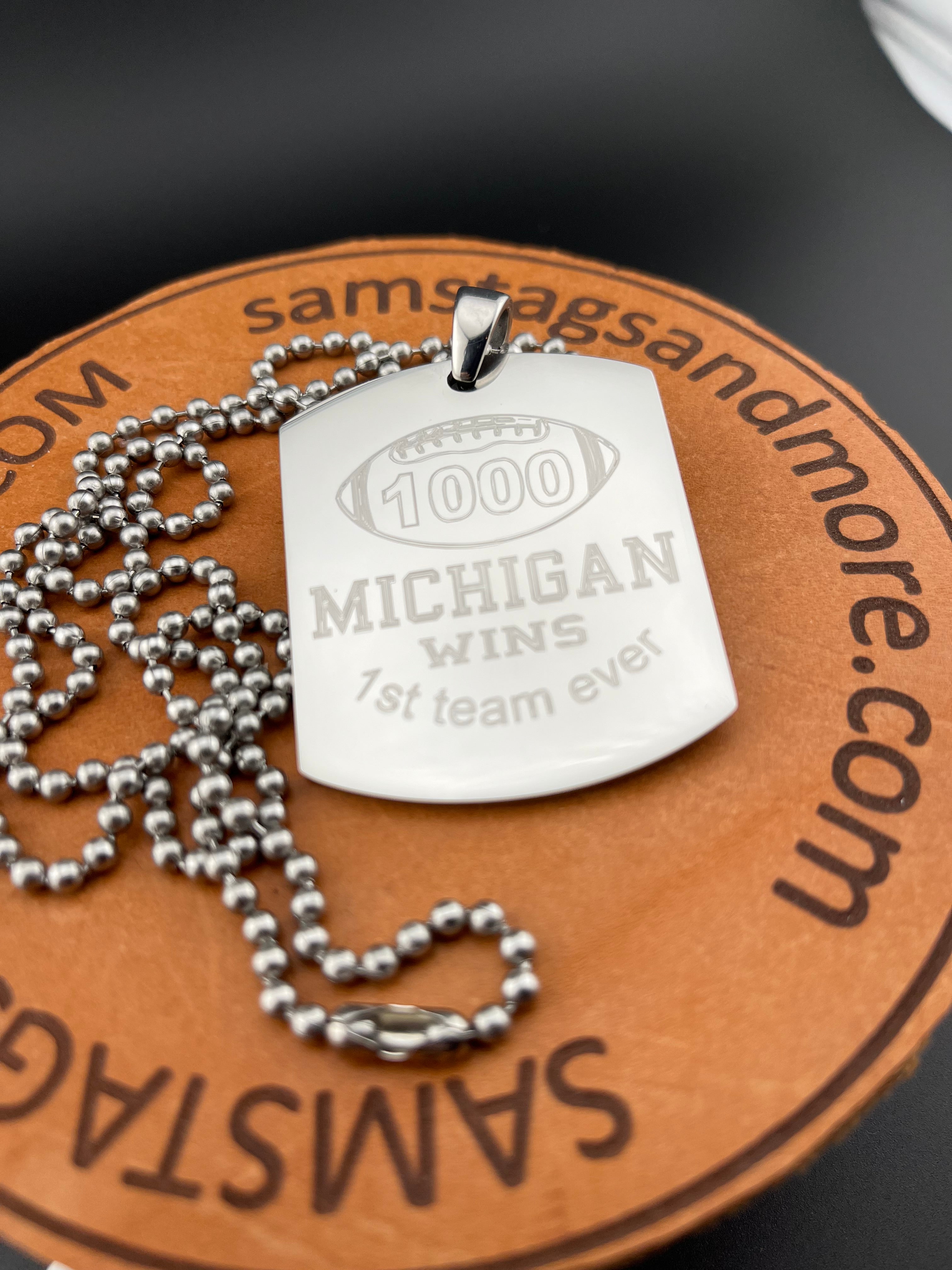 Michigan UM 1st first to 1000 wins football  X LARGE XL PENDANT THICK STAINLESS STEEL DOG TAG necklace