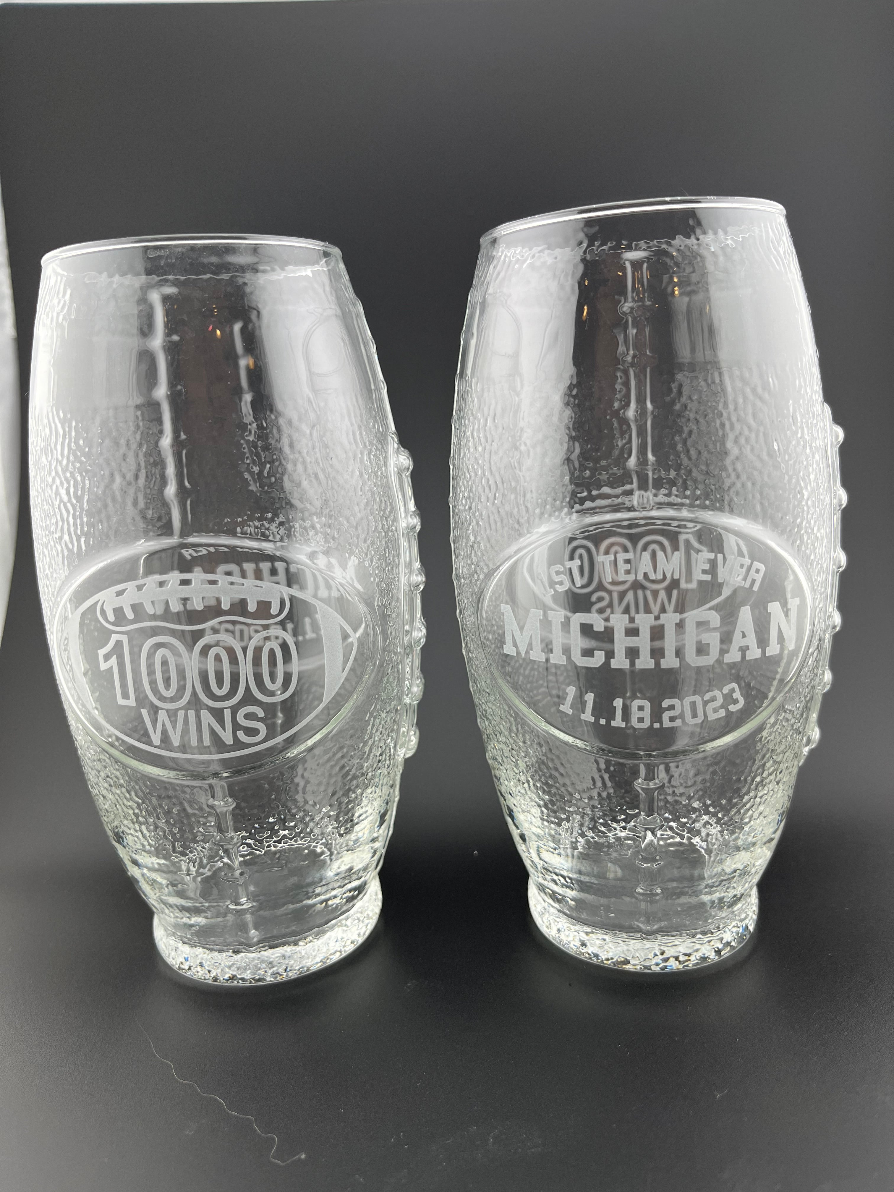 University of Michigan UM 1000 wins victories FOOTBALL GLASSES SAND CARVED