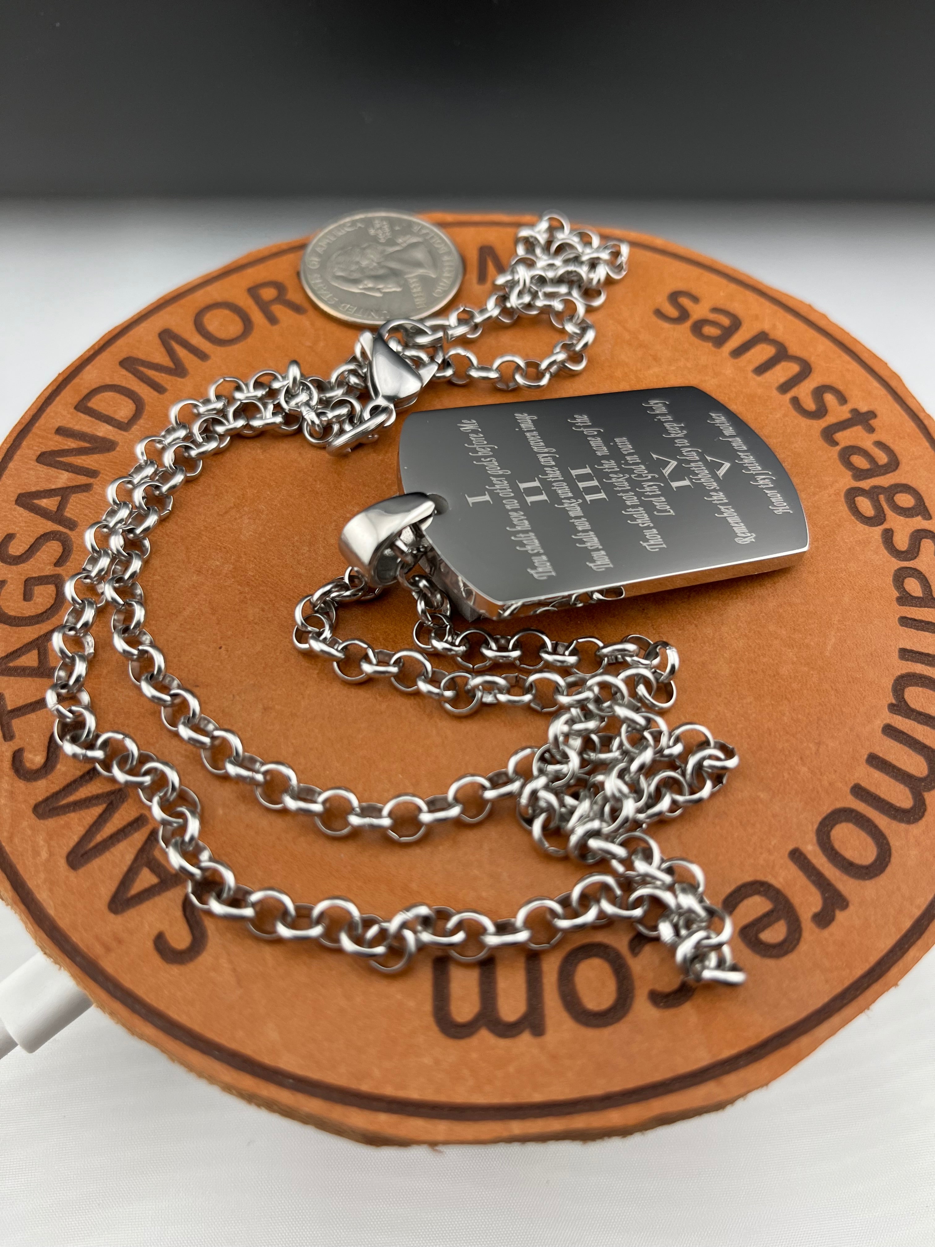 10 COMMANDMENTS SOLID THICK  STAINLESS STEEL ROLO CHAIN SHINE  PRAYER