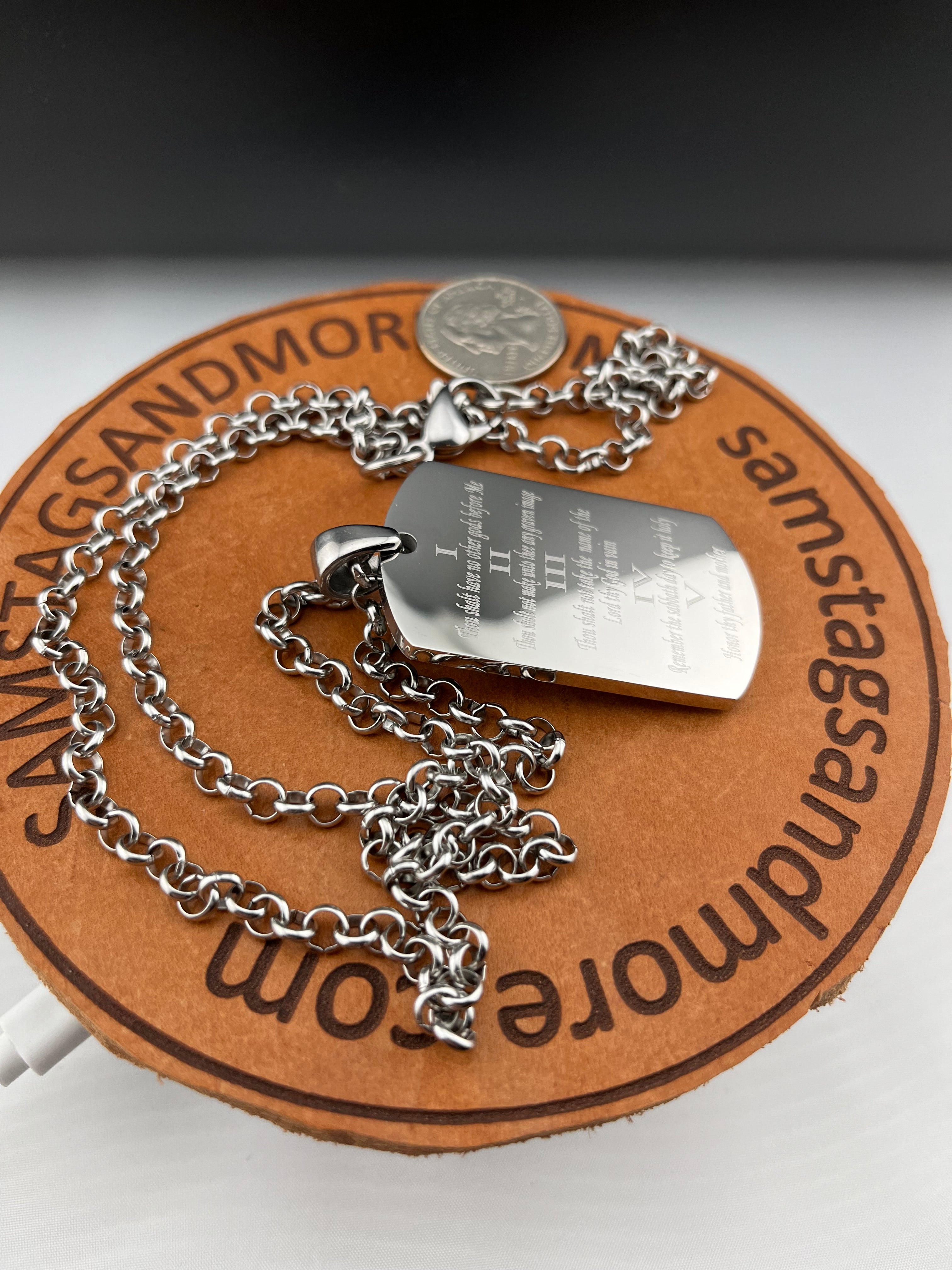 10 COMMANDMENTS SOLID THICK  STAINLESS STEEL ROLO CHAIN SHINE  PRAYER