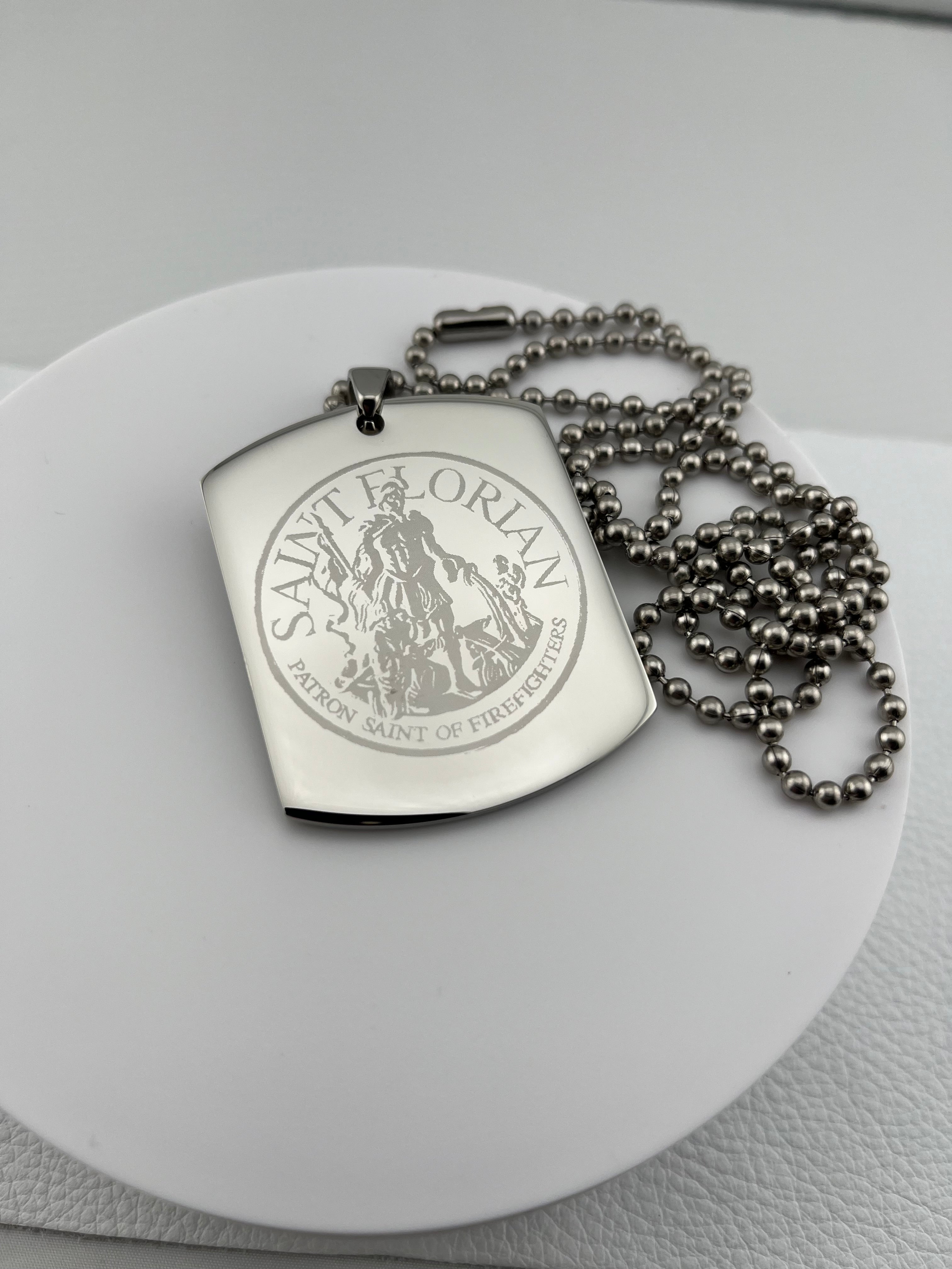 X LARGE SAINT FLORIAN IMAGE FIREMAN MEMORIAL  STAINLESS STEEL DOG TAG NECKLACE
