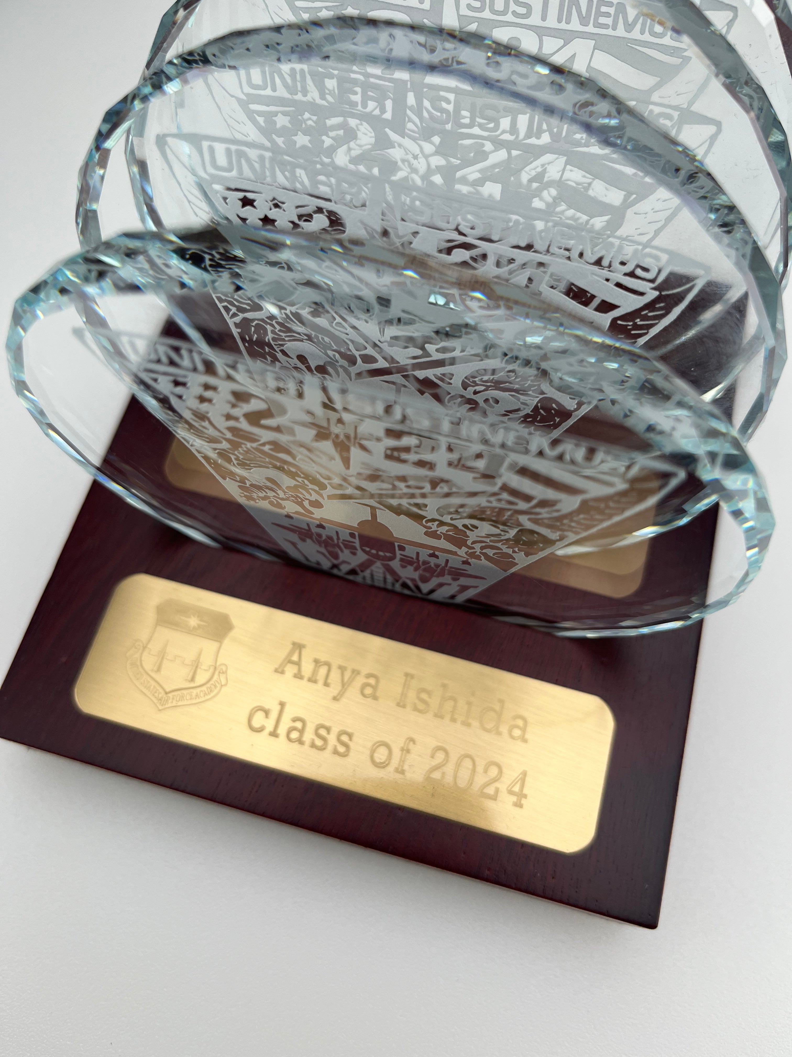 USAFA Custom Faceted Edge Sand Carved Crystal Coasters in Wood Base with Brass Plate - class of 2024