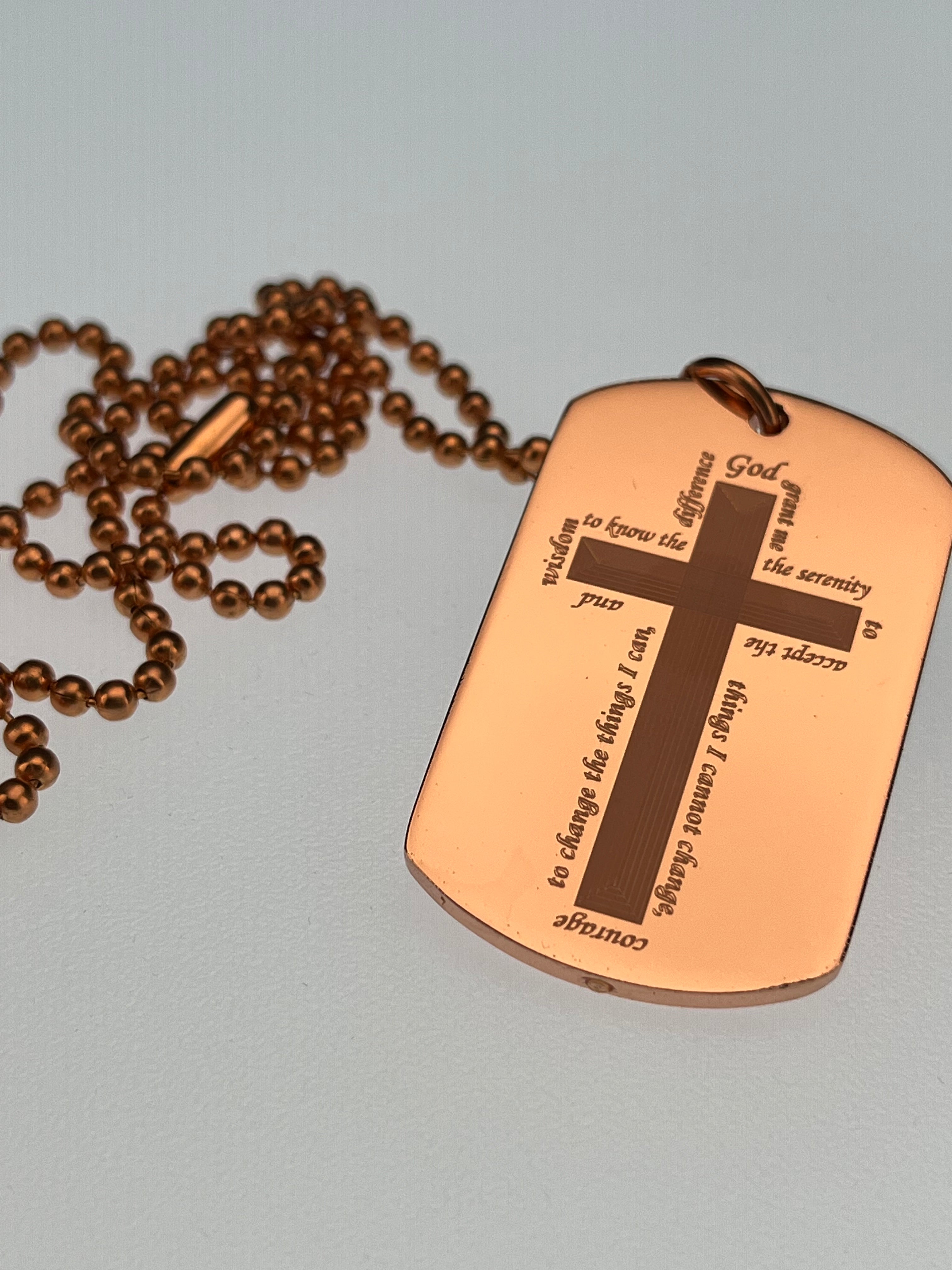 Serenity Prayer Necklace Solid Copper Double Sided Cross Dog Tag Pendant