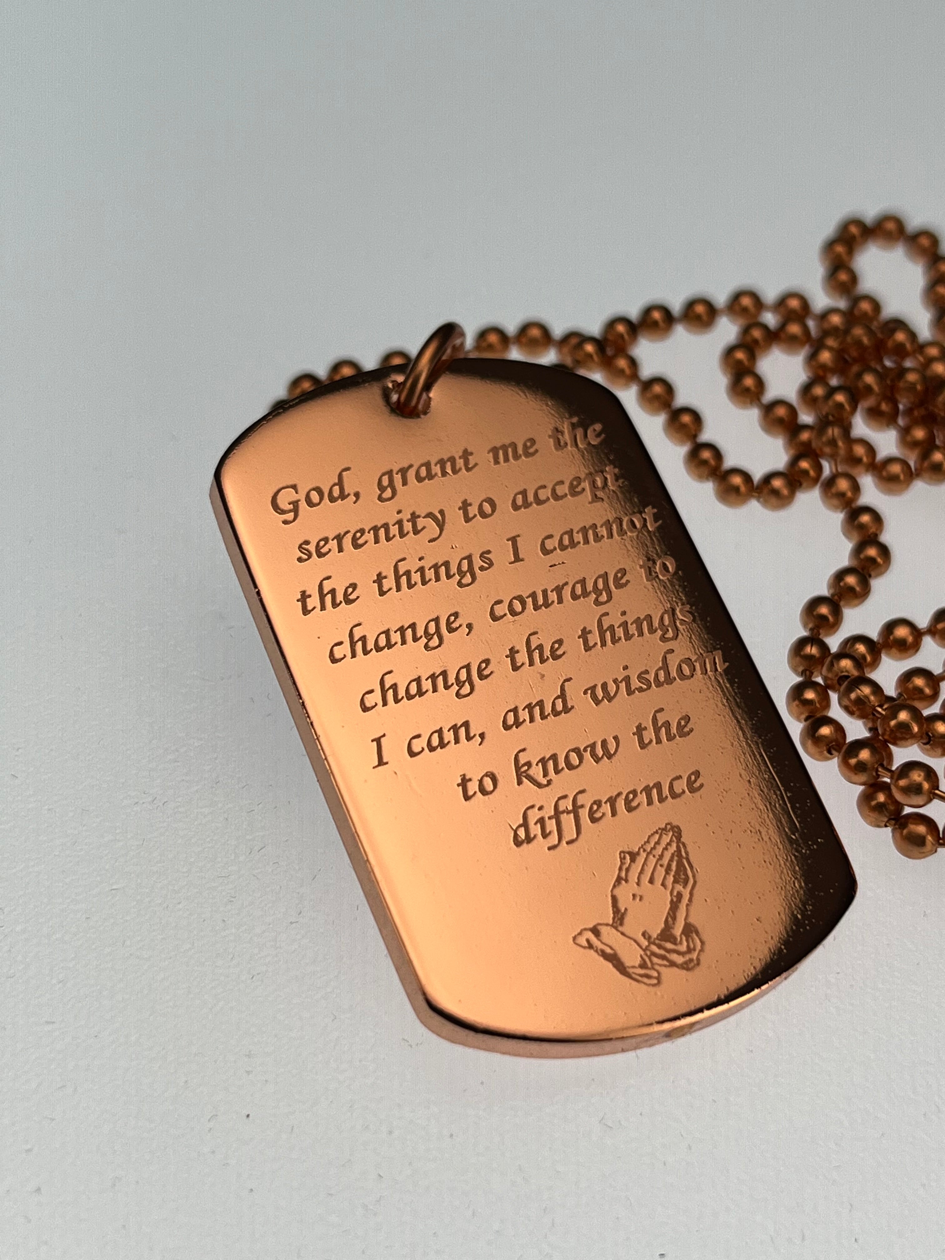 Serenity Prayer Necklace Solid Copper Double Sided Cross Dog Tag Pendant