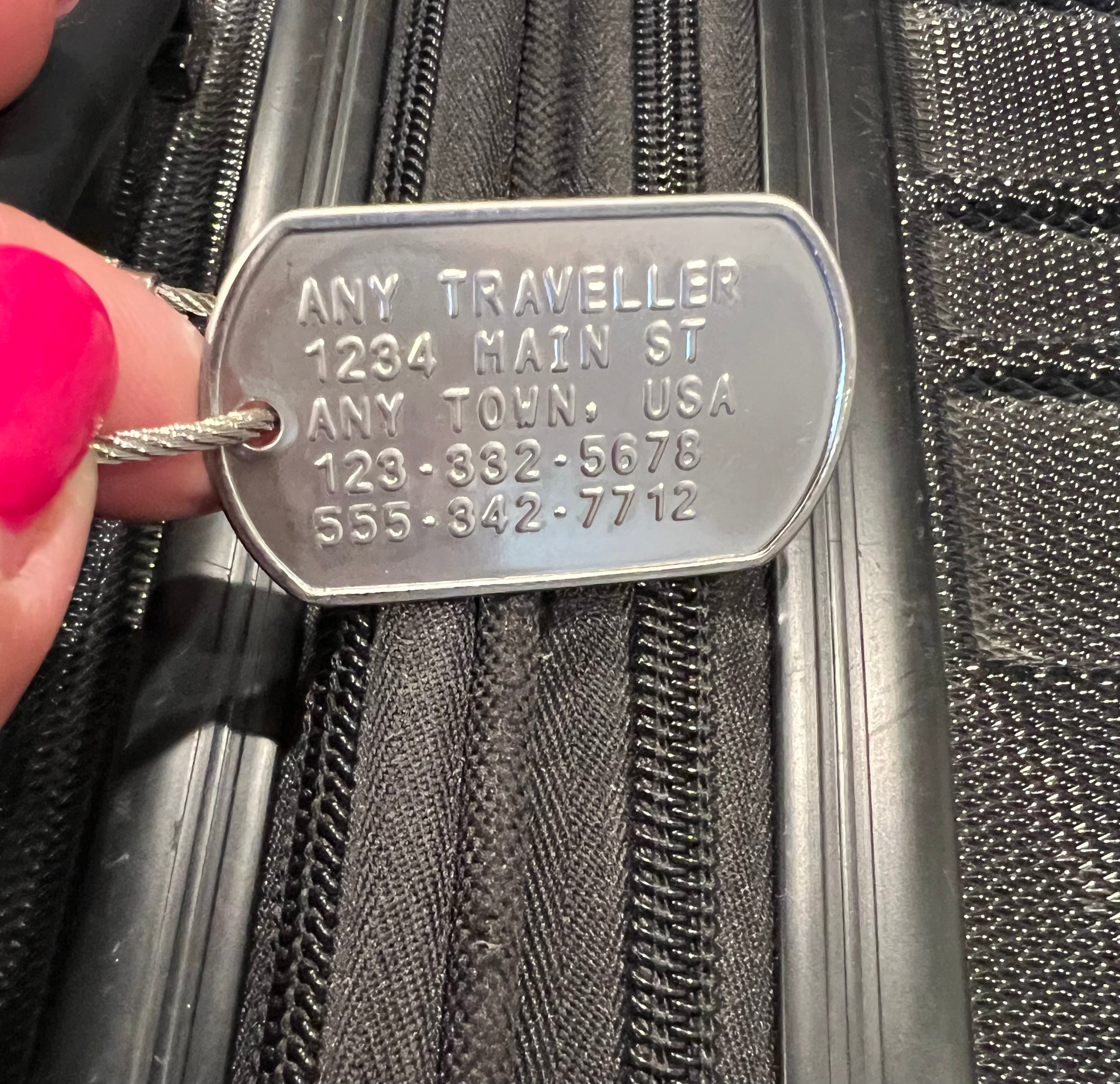 Indestructible stainless steel embossed stamped luggage baggage backpack suitcase tag ID label heavy duty HD extreme service tough