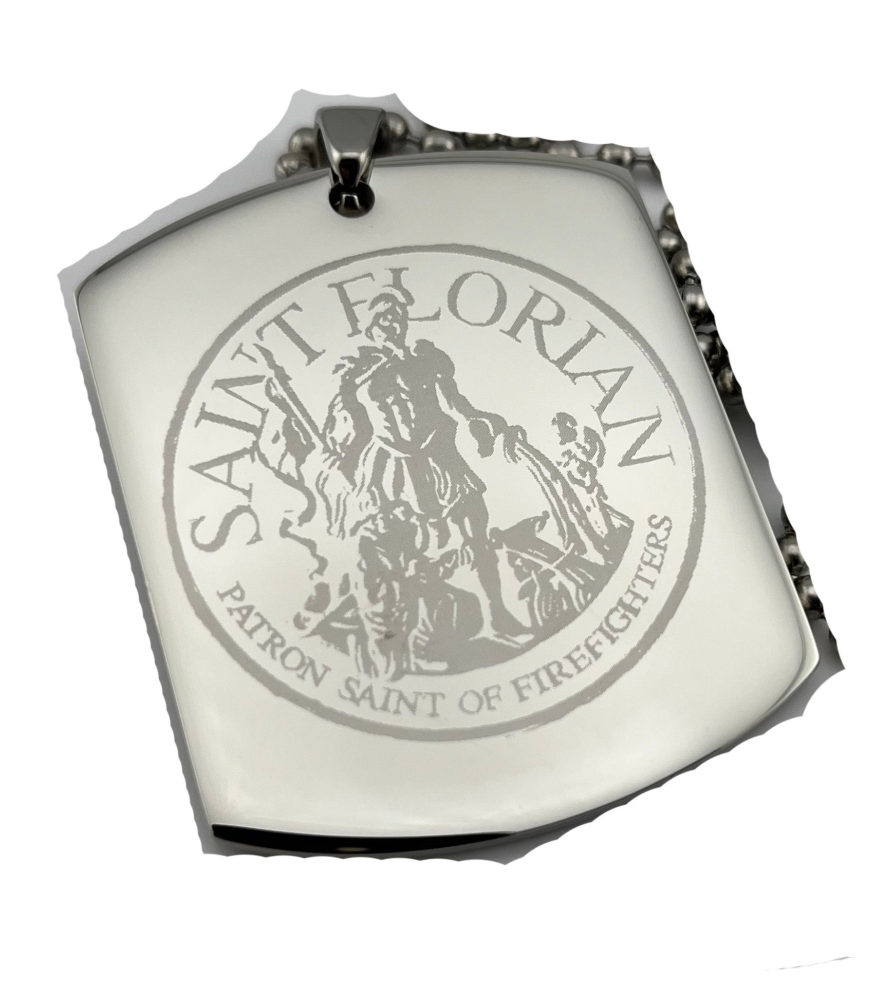 X LARGE SAINT FLORIAN IMAGE FIREMAN MEMORIAL  STAINLESS STEEL DOG TAG NECKLACE
