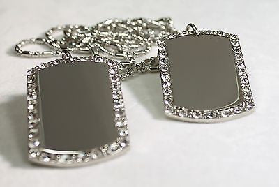 2X SILVER TONE  NECKLACE PENDANT DOG TAG CZ BLING CUSTOM MILITARY STYLE - Samstagsandmore