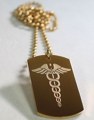 CADUCEUS MEDICAL INSIGNIA IPG GOLD  NECKLACE  DOG TAG STAINLESS STEEL BALL CHAIN - Samstagsandmore