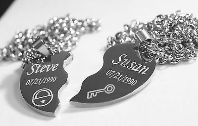 SOLID STAINLESS STEEL LOCK AND KEY SPLIT HEART NECKLACES LOVE FREE ENGRAVING - Samstagsandmore