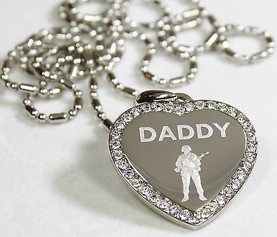 CZ BLING HEART MILITARY SON DAD. BROTHER NECKLACE ARMY NAVY AIRFORCE MARINE - Samstagsandmore