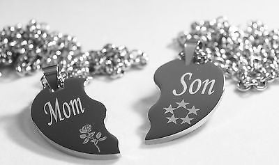 SPLIT HEART NECKLACES MOM SON SILVER STAINLESS STEEL THICK HEAVY PENDANTS - Samstagsandmore