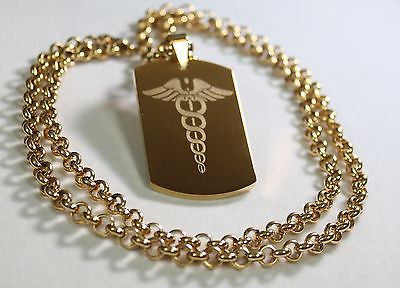 CADUCEUS MEDICAL INSIGNIA IPG GOLD  NECKLACE  DOG TAG STAINLESS STEEL COLOR GOLD - Samstagsandmore