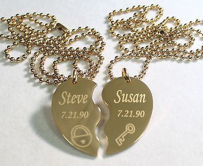 SPLIT HEART NECKLACE LOCK AND KEY STAINLESS STEEL GOLD ION PLATED FREE ENGRAVE - Samstagsandmore