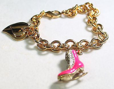 FIGURE SKATE HOT PINK CHARM GOLD TONE BRACELET DOUBLE HEART CHARM - Samstagsandmore