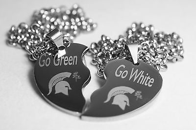SOLID STAINLESS MICHIGAN STATE ROSE BOWL GO GREEN GO WHITE SPLIT HEART NECKLACE - Samstagsandmore