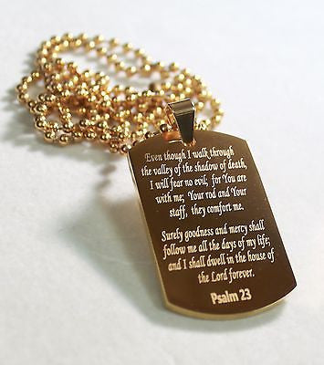 PSALM 23 IPG GOLD THICK  NECKLACE  DOG TAG STAINLESS STEEL BALL CHAIN - Samstagsandmore