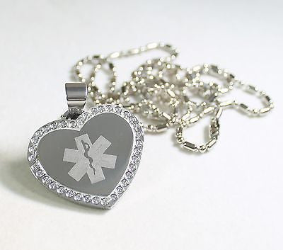 MEDICAL ALERT CZ BLING HEART SOLID STAINLESS STEEL TAG FREE ENGRAVE - Samstagsandmore