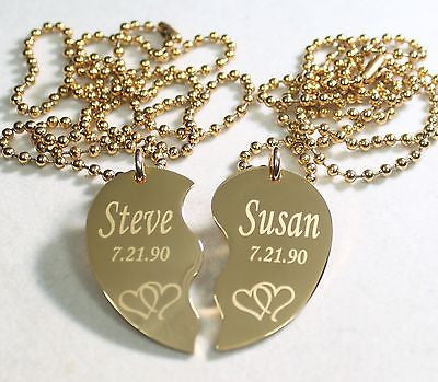 SPLIT HEART STAINLESS STEEL IPG GOLD NECKLACE HEARTS INTERTWINED FREE ENGRAVE - Samstagsandmore