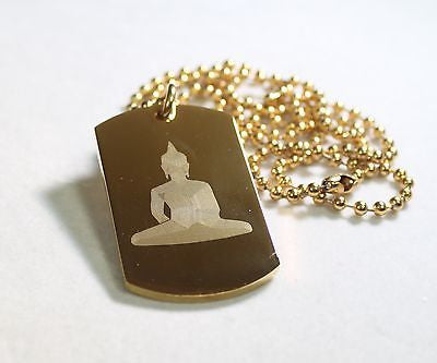 Buddha image thick stainless steel dog tag gold color IPG ball chain - Samstagsandmore