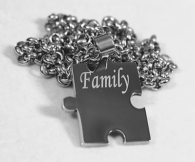 FAMILY PUZZLE PIECE X 5 TAGS ,NAMES, SOLID STAINLESS STEEL ROLO  CHAIN NECKLACE - Samstagsandmore