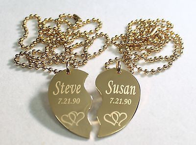 SPLIT HEART STAINLESS STEEL IPG GOLD NECKLACE HEARTS INTERTWINED FREE ENGRAVE - Samstagsandmore