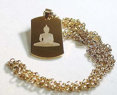 BUDDHA NECKLACE THICK  DOG TAG STAINLESS STEEL COLOR GOLD IPG ROLO CHAIN PENDANT - Samstagsandmore