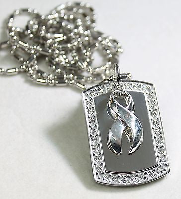 OVARIAN CANCER SILVER RIBBON BLING NECKLACE PENDANT CZ STAINLESS  TAG - Samstagsandmore