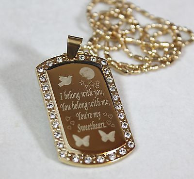 GOLD PLATED NECKLACE PENDANT DOG TAG CZ CUSTOM YOUR MESSAGE - Samstagsandmore