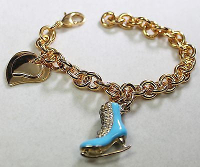 FIGURE SKATE BLUE  GOLD TONE  BRACELET DOUBLE HEART CHARM - Samstagsandmore