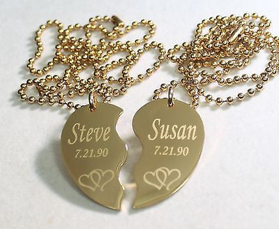SPLIT HEART STAINLESS STEEL IPG GOLD NECKLACE HEARTS INTERTWINED FREE ENGRAVE - Samstagsandmore