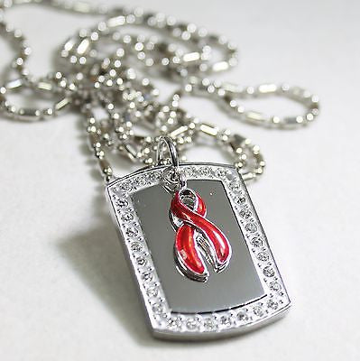 HIV/AIDS HEART DISEASE RIBBON BLING NECKLACE PENDANT CZ STAINLESS  TAG - Samstagsandmore