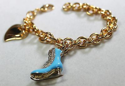 FIGURE SKATE BLUE  GOLD TONE  BRACELET DOUBLE HEART CHARM - Samstagsandmore
