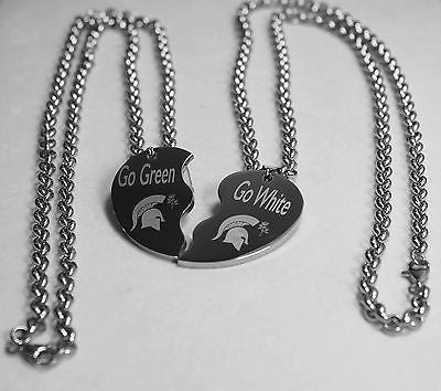SOLID STAINLESS MICHIGAN STATE ROSE BOWL GO GREEN GO WHITE SPLIT HEART NECKLACE - Samstagsandmore