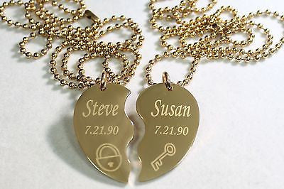 SPLIT HEART NECKLACE LOCK AND KEY STAINLESS STEEL GOLD ION PLATED FREE ENGRAVE - Samstagsandmore