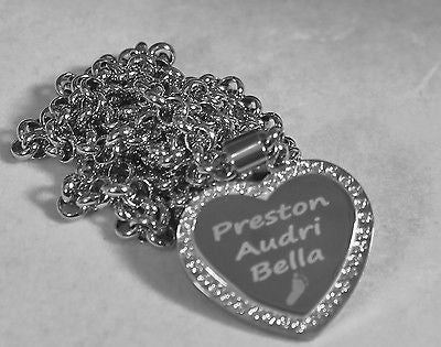 CZ STAINLESS STEEL HEART NAMES, GRANDMA, BABY FOOTPRINT, FREE ENGRAVE - Samstagsandmore