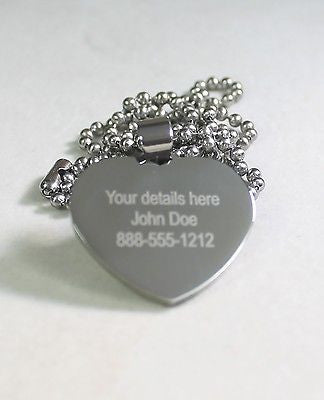 CZ BLING SOLID STAINLESS STEEL HEART MEDICAL ALERT BALL CHAIN FREE ENGRAVE - Samstagsandmore