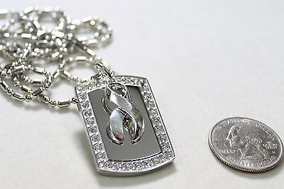 OVARIAN CANCER SILVER RIBBON BLING NECKLACE PENDANT CZ STAINLESS  TAG - Samstagsandmore