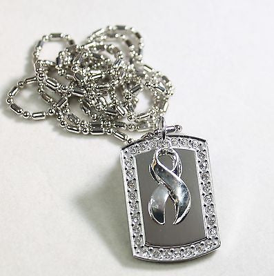 OVARIAN CANCER SILVER RIBBON BLING NECKLACE PENDANT CZ STAINLESS  TAG - Samstagsandmore