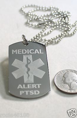 MEDICAL ALERT PTSD SILVER STAINLESS STEEL DOG TAG NECKLACE FREE ENGRAV ...