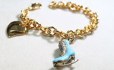 FIGURE SKATE BLUE  GOLD TONE  BRACELET DOUBLE HEART CHARM - Samstagsandmore