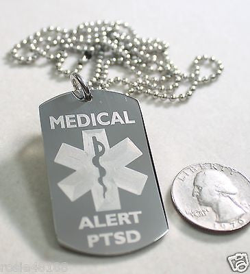 MEDICAL ALERT PTSD  SILVER  STAINLESS STEEL  DOG TAG NECKLACE FREE  ENGRAVING - Samstagsandmore