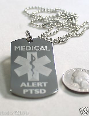 MEDICAL ALERT PTSD  SILVER  STAINLESS STEEL  DOG TAG NECKLACE FREE  ENGRAVING - Samstagsandmore