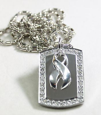 OVARIAN CANCER SILVER RIBBON BLING NECKLACE PENDANT CZ STAINLESS  TAG - Samstagsandmore