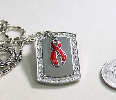 HIV/AIDS HEART DISEASE RIBBON BLING NECKLACE PENDANT CZ STAINLESS  TAG - Samstagsandmore