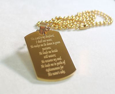 PSALM 23 IPG GOLD THICK  NECKLACE  DOG TAG STAINLESS STEEL BALL CHAIN - Samstagsandmore