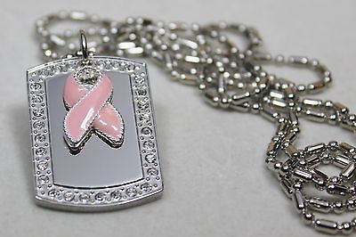 BREAST CANCER PINK RIBBON BLING NECKLACE PENDANT CZ STAINLESS  DOG TAG - Samstagsandmore