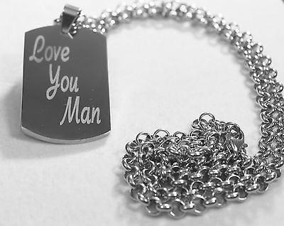 LOVE YOU MAN ON SOLID STAINLESS STEEL FRIENDSHIP THICK TAG ROLO CHAIN NECKLACE - Samstagsandmore