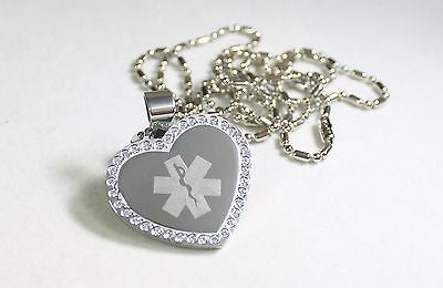 MEDICAL ALERT CZ BLING HEART SOLID STAINLESS STEEL TAG FREE ENGRAVE - Samstagsandmore