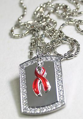 HIV/AIDS HEART DISEASE RIBBON BLING NECKLACE PENDANT CZ STAINLESS  TAG - Samstagsandmore