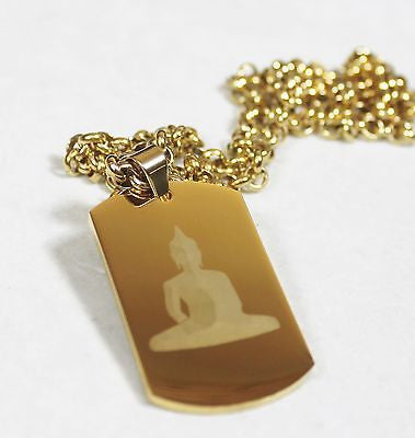 BUDDHA NECKLACE THICK  DOG TAG STAINLESS STEEL COLOR GOLD IPG ROLO CHAIN PENDANT - Samstagsandmore